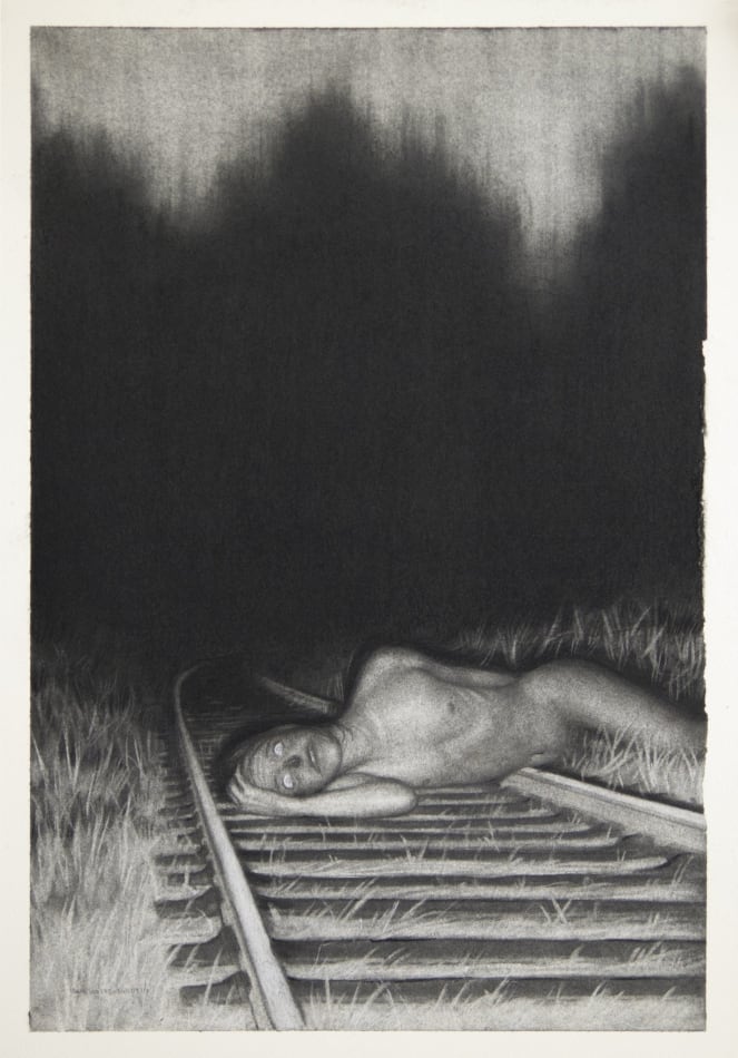 Sam Wolfe Connelly graphite drawing of figure lying on train tracks