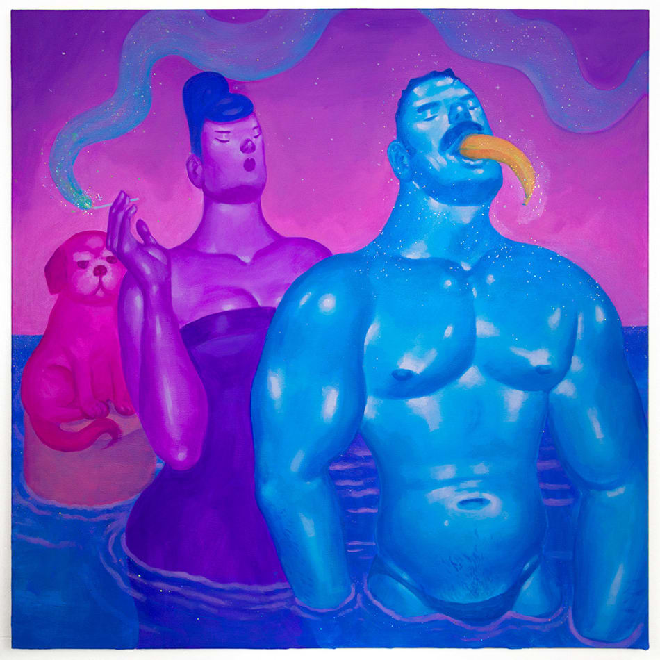Painting of a muscular, nude blue man, a purple woman in a dark purple strapless dress smoking a cigarette and a pink dog all standing in a body of water.