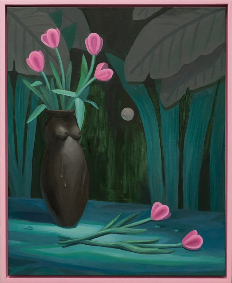 Corey Lamb painting of black vase shaped like female figure, filled with pink tulips, green foliage background