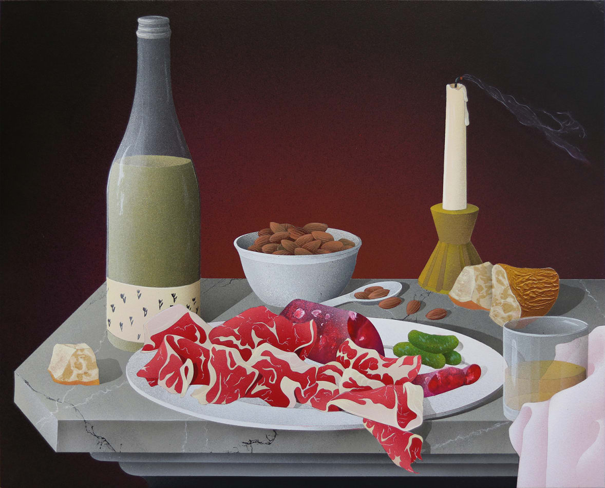 Casey Gray - Spray Painting of a stone table of wine, prosciutto, almond, bread, and candle in front of black background.