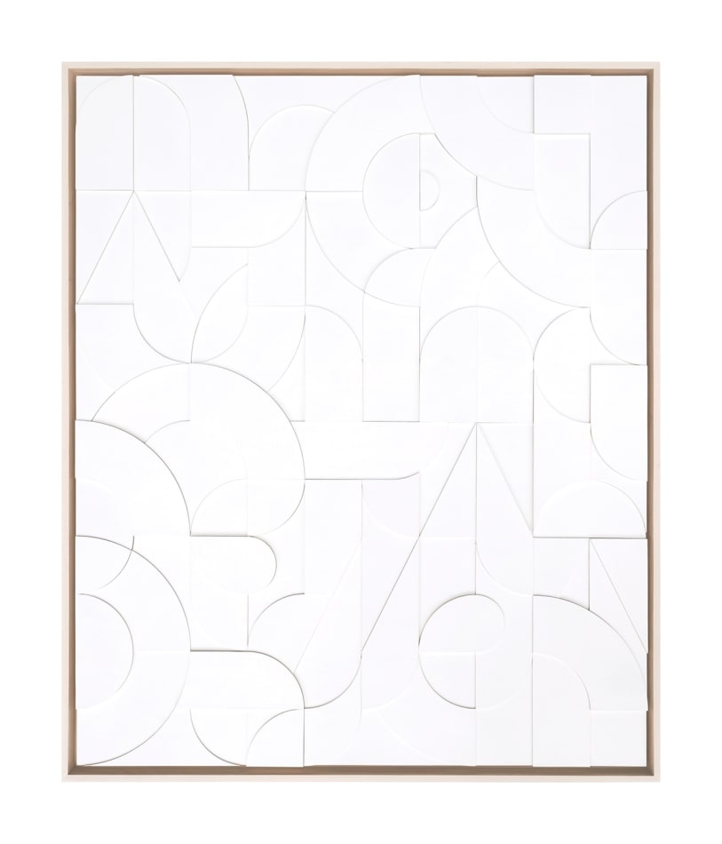 Scott Albrecht wood relief painting, all white subtle shapes