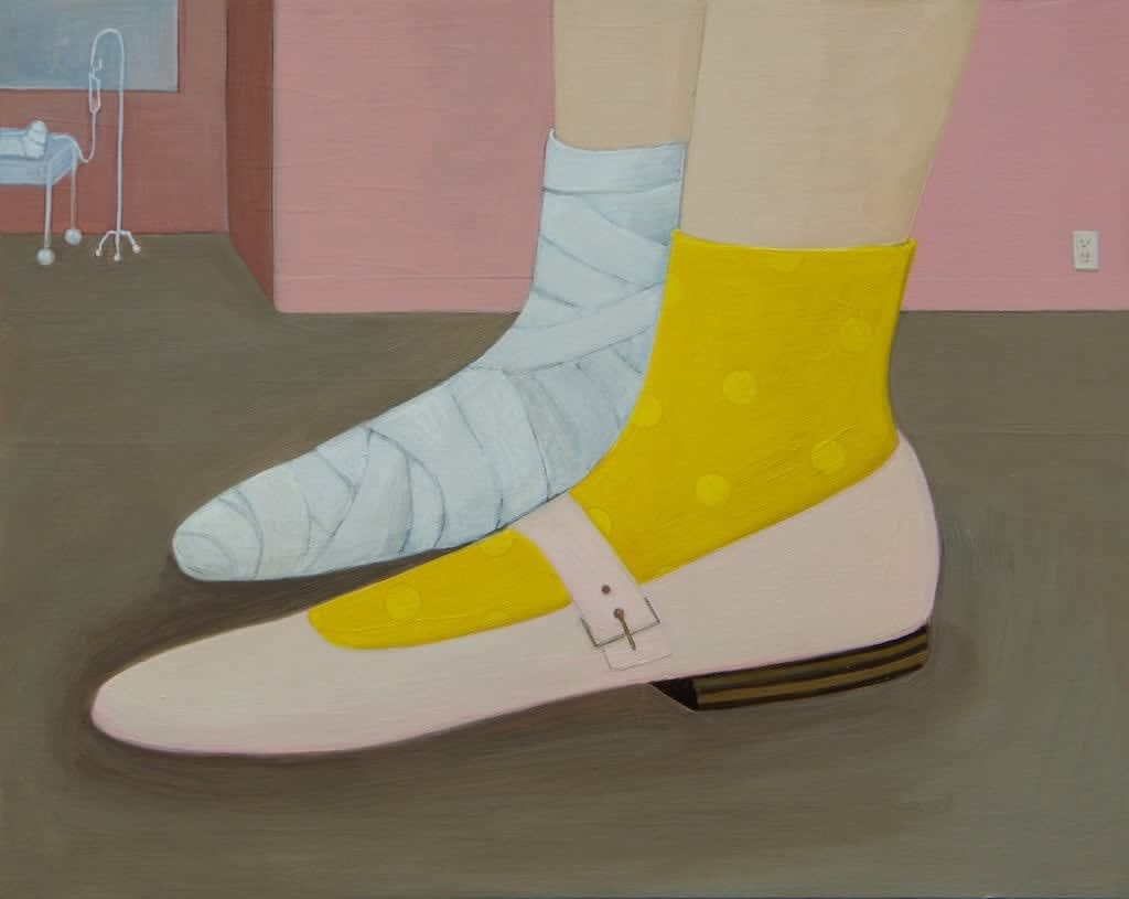 painting of a person with a bandaged foot and a pink mary jane shoe with yellow socks by Angela Burson