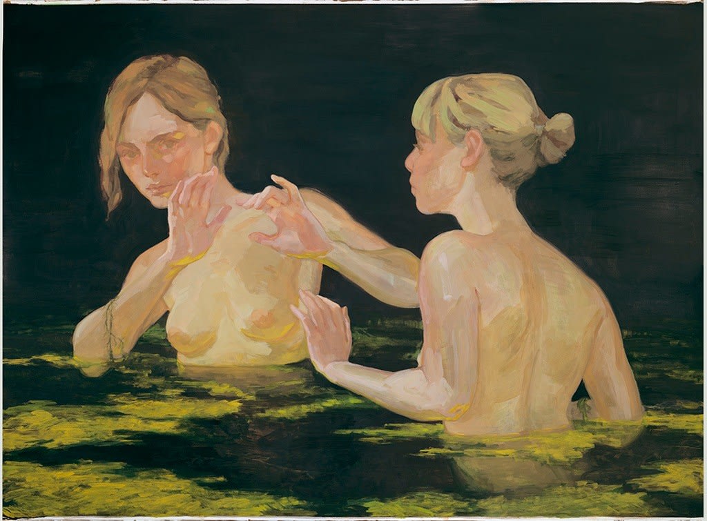 Painting of two naked women in a body of water in the dark. They both have their arms raised above the water level facing each other.