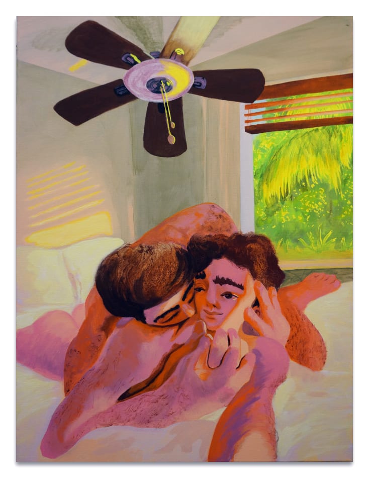 Painting of two people men embracing each other on a bed with white linens. The window is open behind them, you can see greenery outside. Above the bed is a ceiling fan. The walls in the room are painted a off white.
