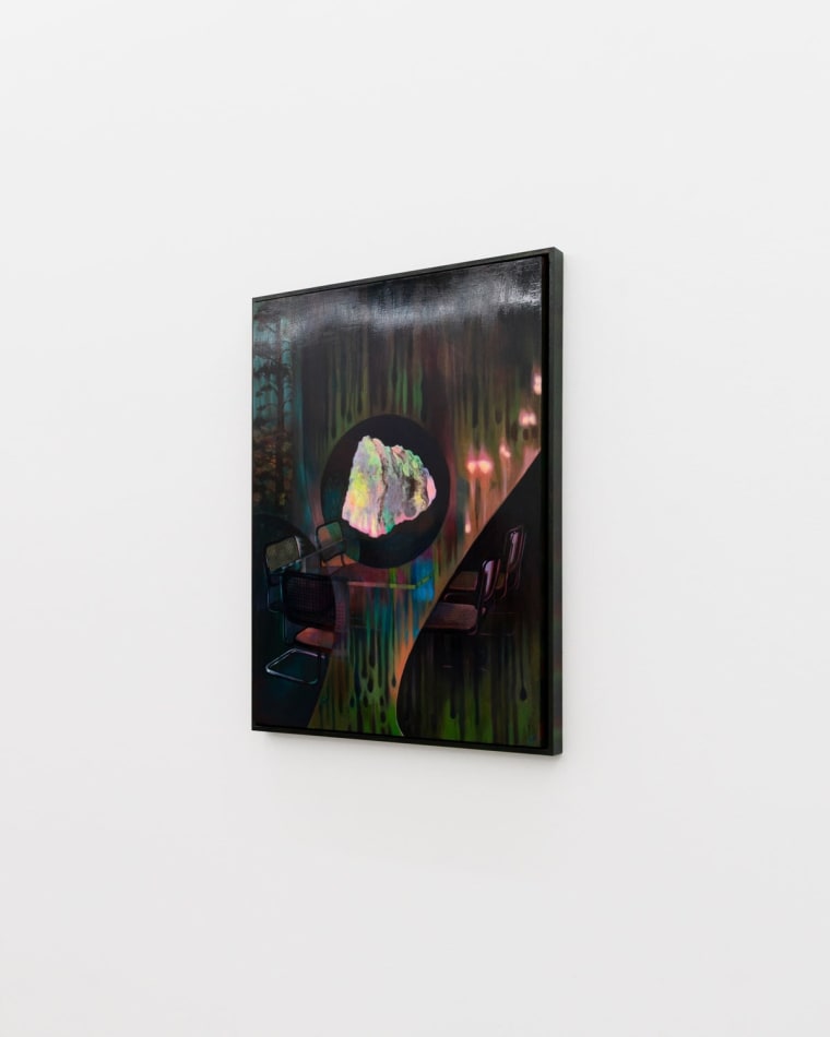 Painting of an iridescent stone floating above a table in the woods