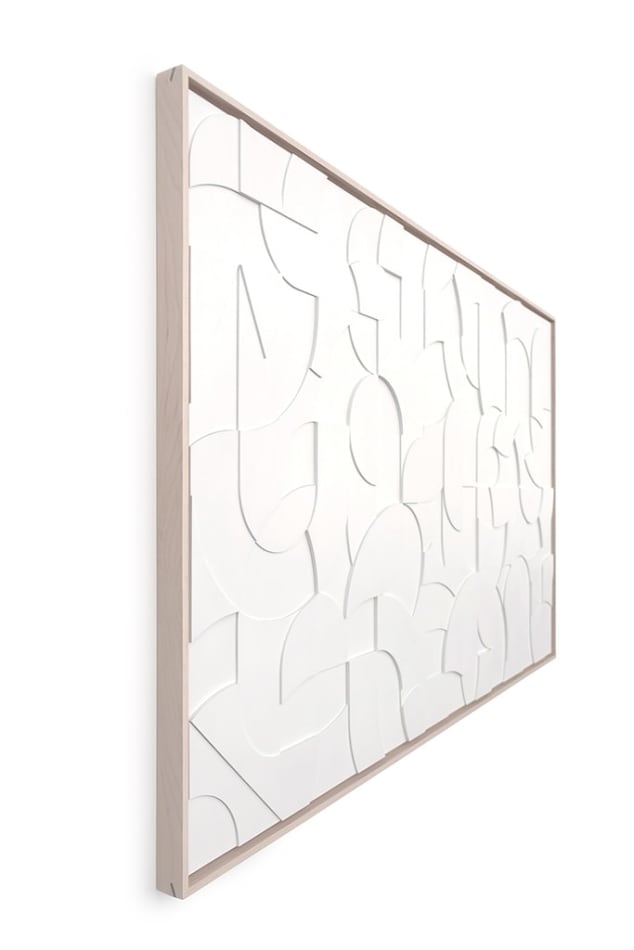 Side view of a framed all white wood relief sculptural piece by artist Scott Albrecht