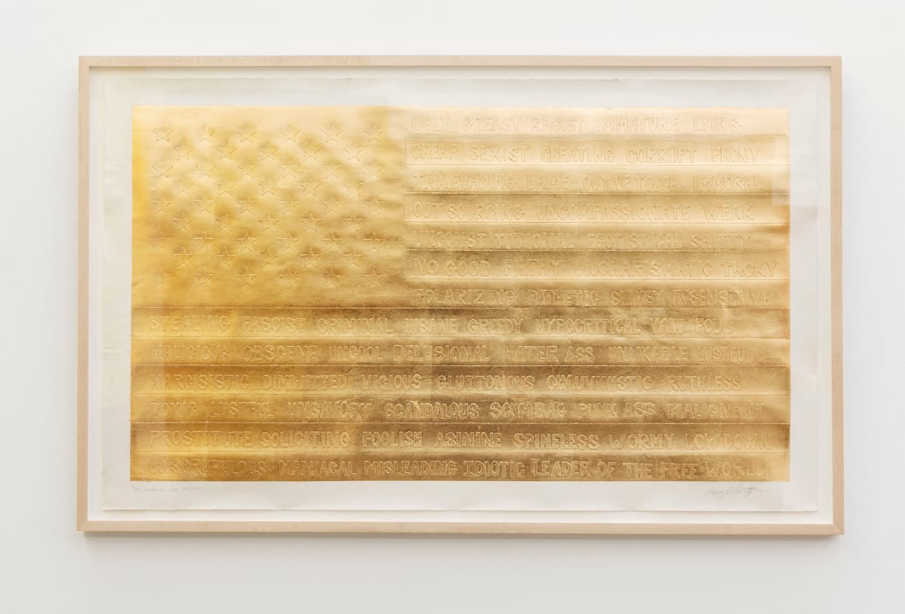 Andrew Schoultz To Whom It May Concern gold leaf American flag painting