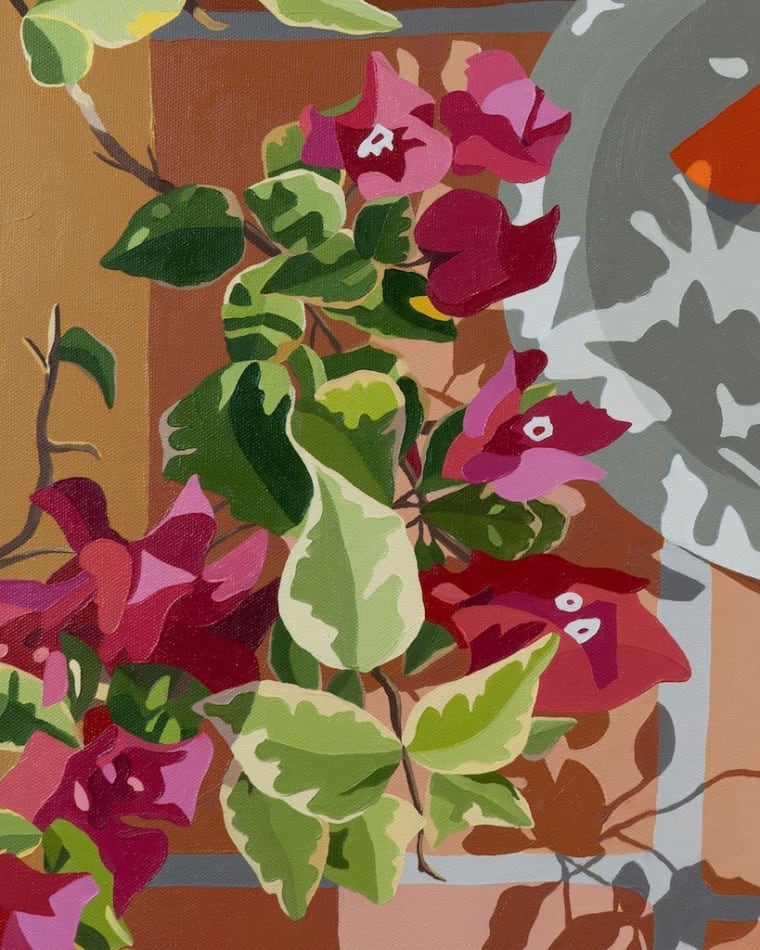 detail of Natalia Juncadella painting of tiles, orchid, oranges on plate and shadows