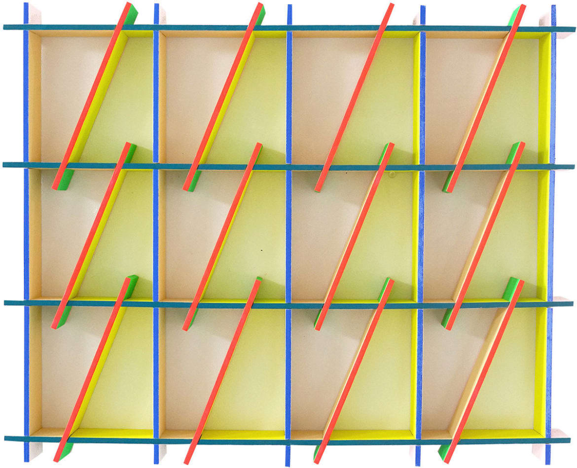 wooden sculpture made of 12 box shapes with a diagonal line through each one