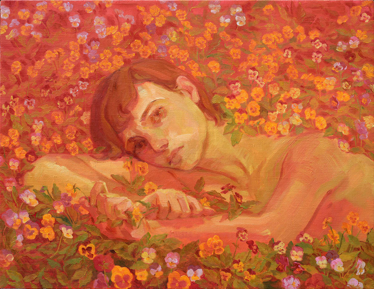 Rachel Gregor painting in orange tones of woman in flower field, head draped across arms