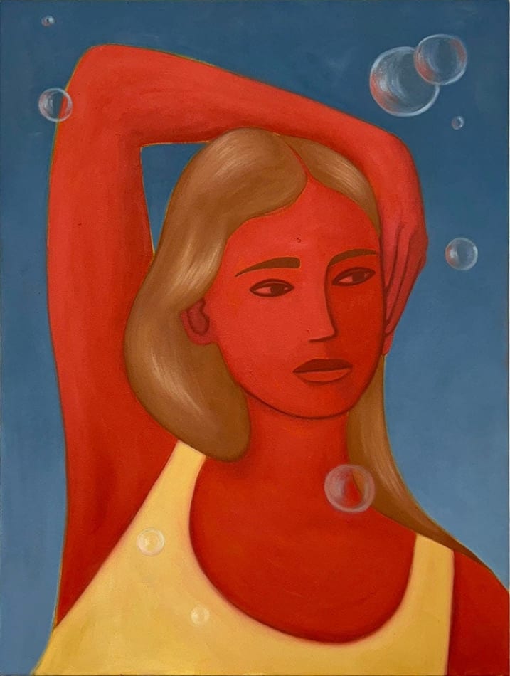 painting of a woman with red skin and blonde hair with an arm draped over her head and bubbles around her