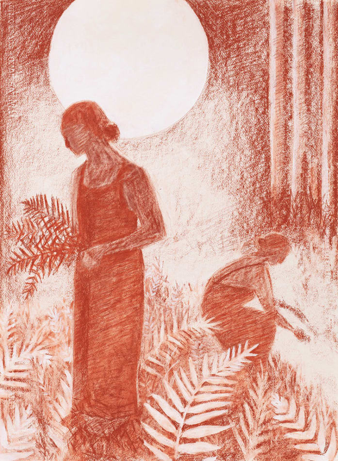red toned work on paper by Genevieve Cohn depicting two shadow figures in long shift dresses crouched in a forest collecting fern leaves
