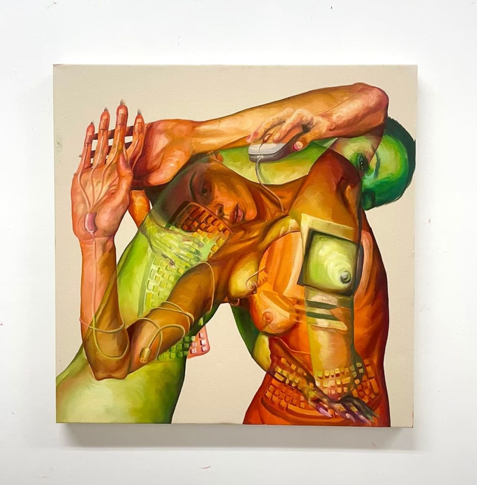 Painting of two women with computer pieces under their skin by Kathryn Kampovsky