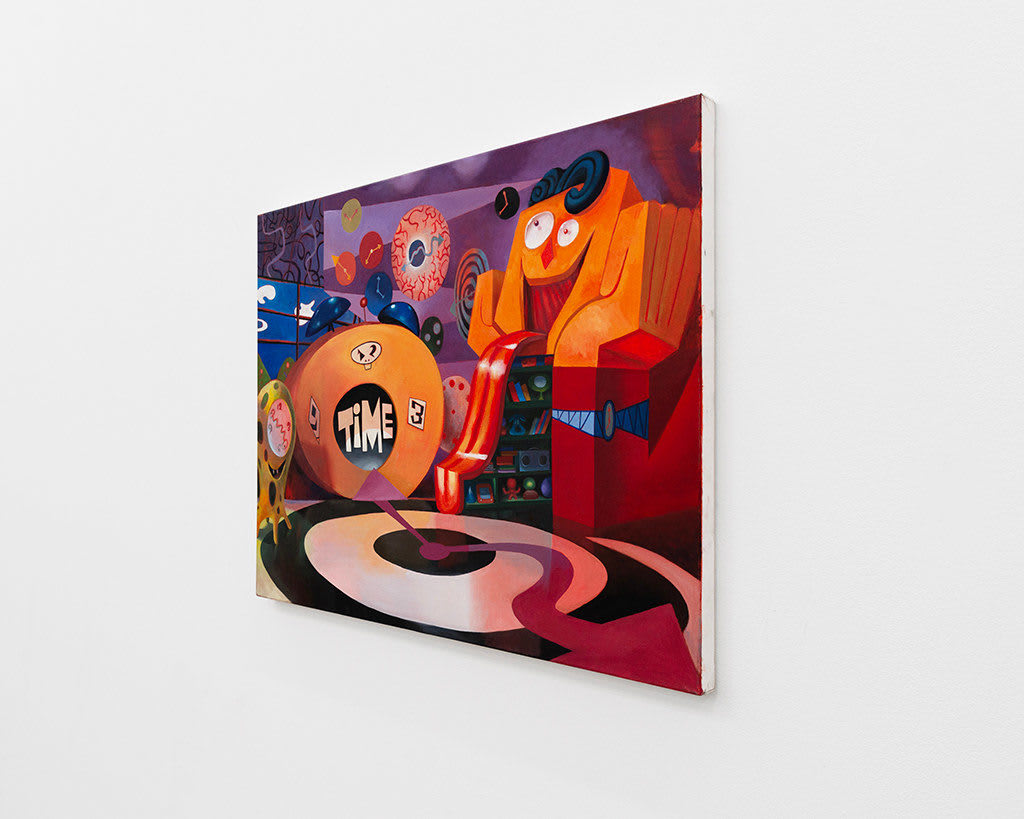 Painting of a studio set with a black and white swirling floor, a slide that is a long tongue coming out of a figures mouth, and veiny eye ball clock