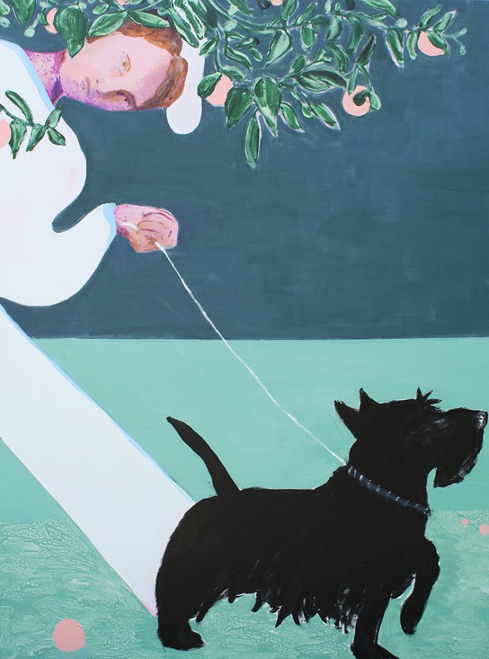 Erin Armstrong - painting of a woman in white walking a small black dog on a leash under a tree with peach colored flowers.