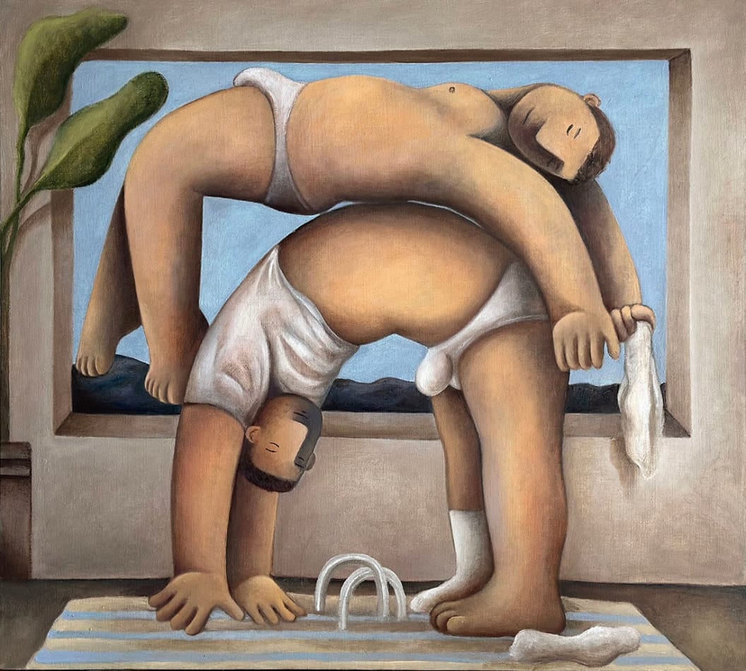 two male figures draped over eachother
