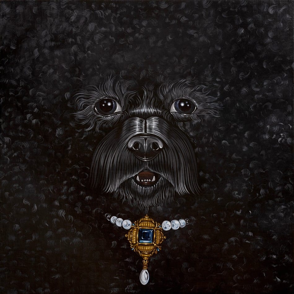 Oil painting close-up portrait of a black dog with curly fur wearing an ornate jeweled collar by Sabrina Bockler