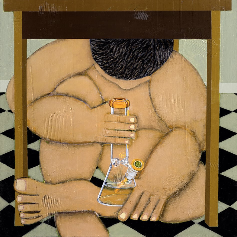Gabe Langholtz of nude man curled up under table with bong