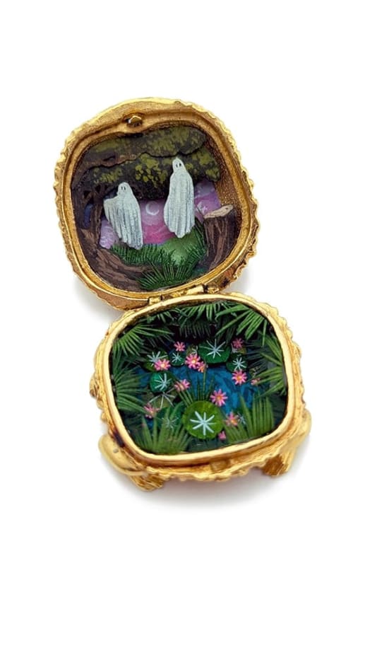hand-cut watercolor collage in antique cosmetic compact by Shannon Taylor with two hovering ghosts