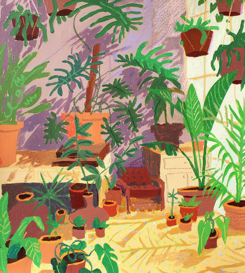 painting of an interior filled with plants and various sized plant pots by Nicholas Bono Kennedy