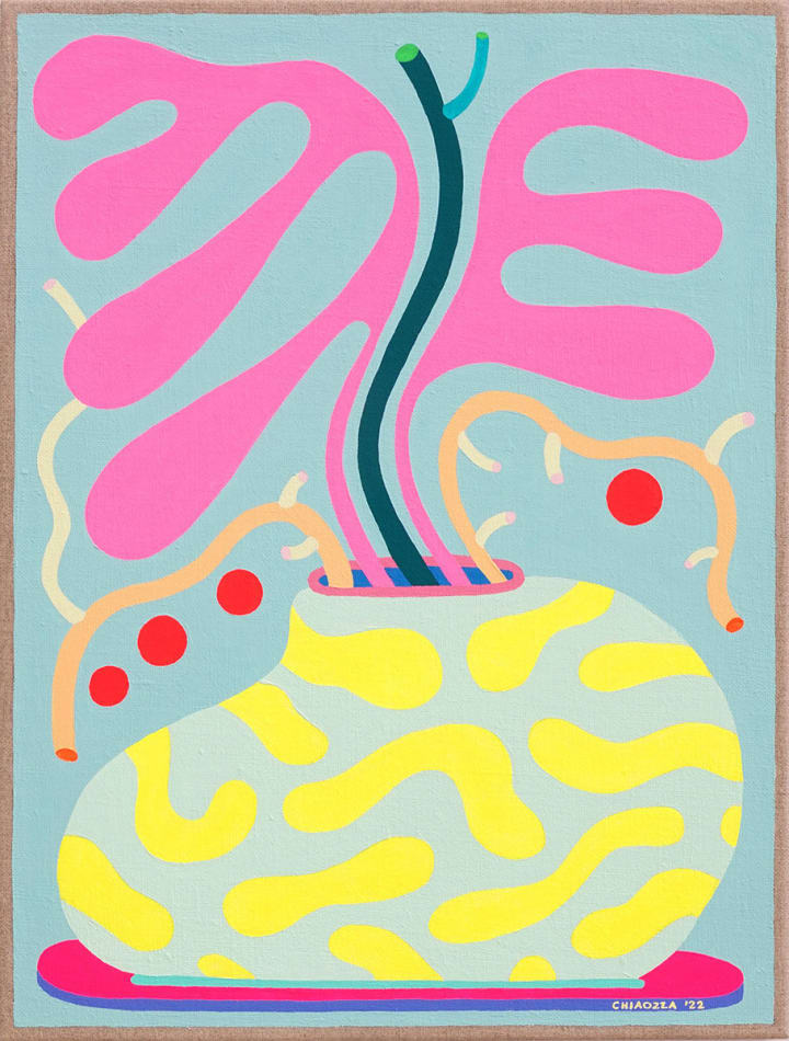 painting of an alien-like bouquet in a vase