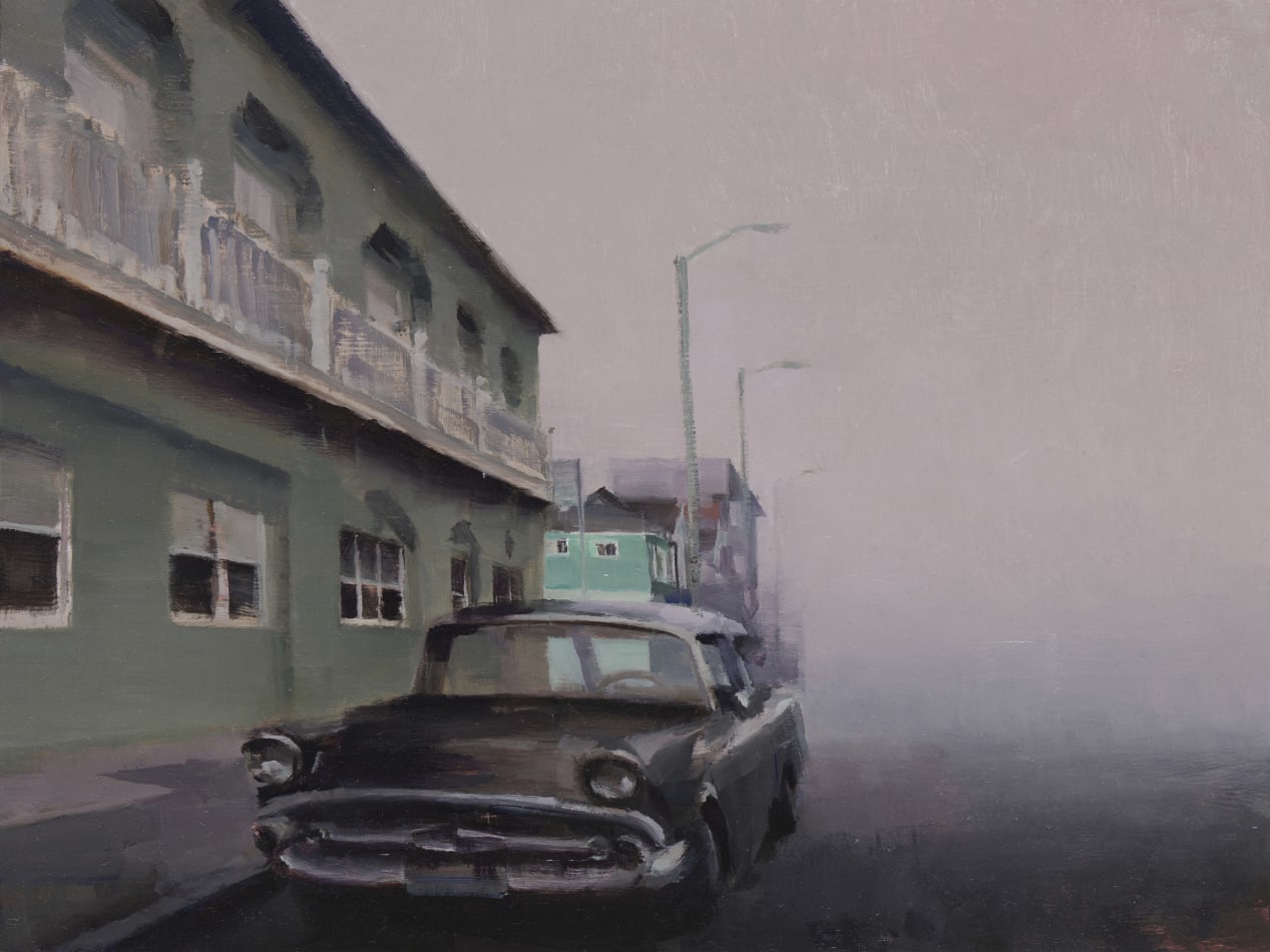 Kim Cogan painting of vintage car next to green building, foggy street in background