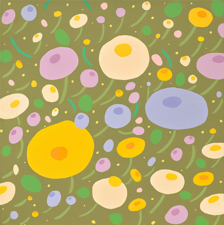 Danym Kwon - painting of flowers in shades of purple and yellow. the background is painted in pastel olive green.