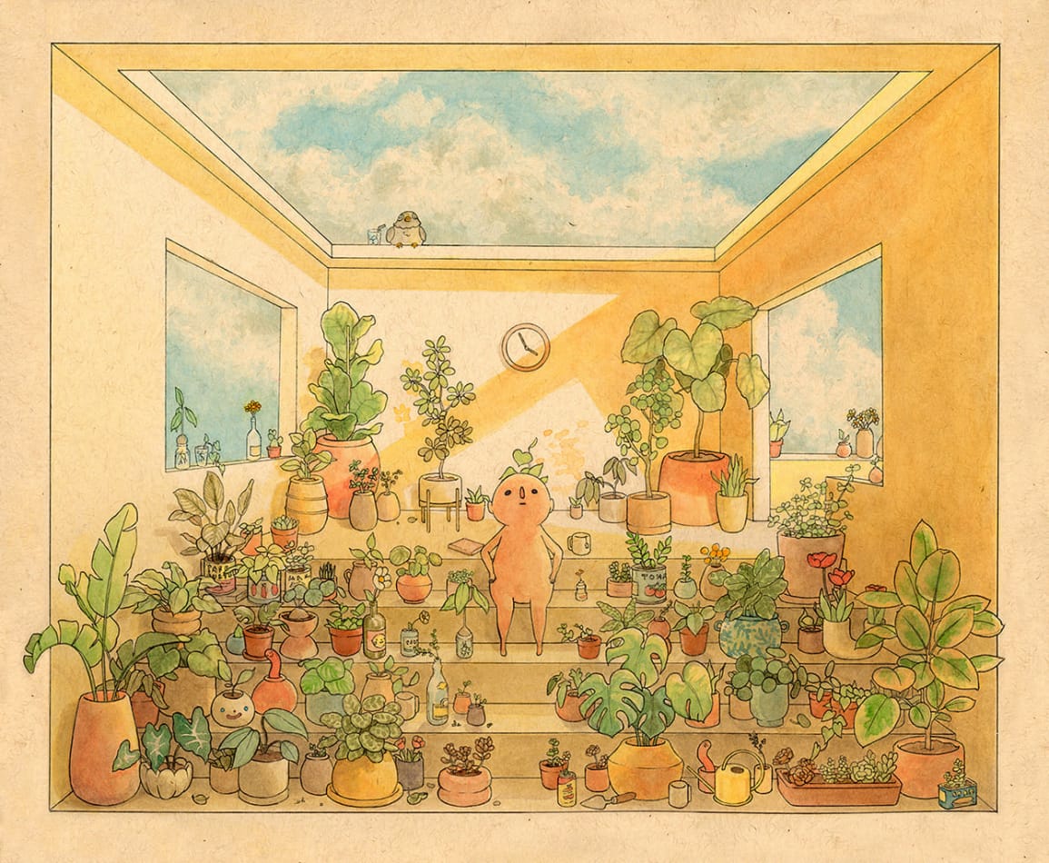 drawing a figure seated in a room surrounded by many plants