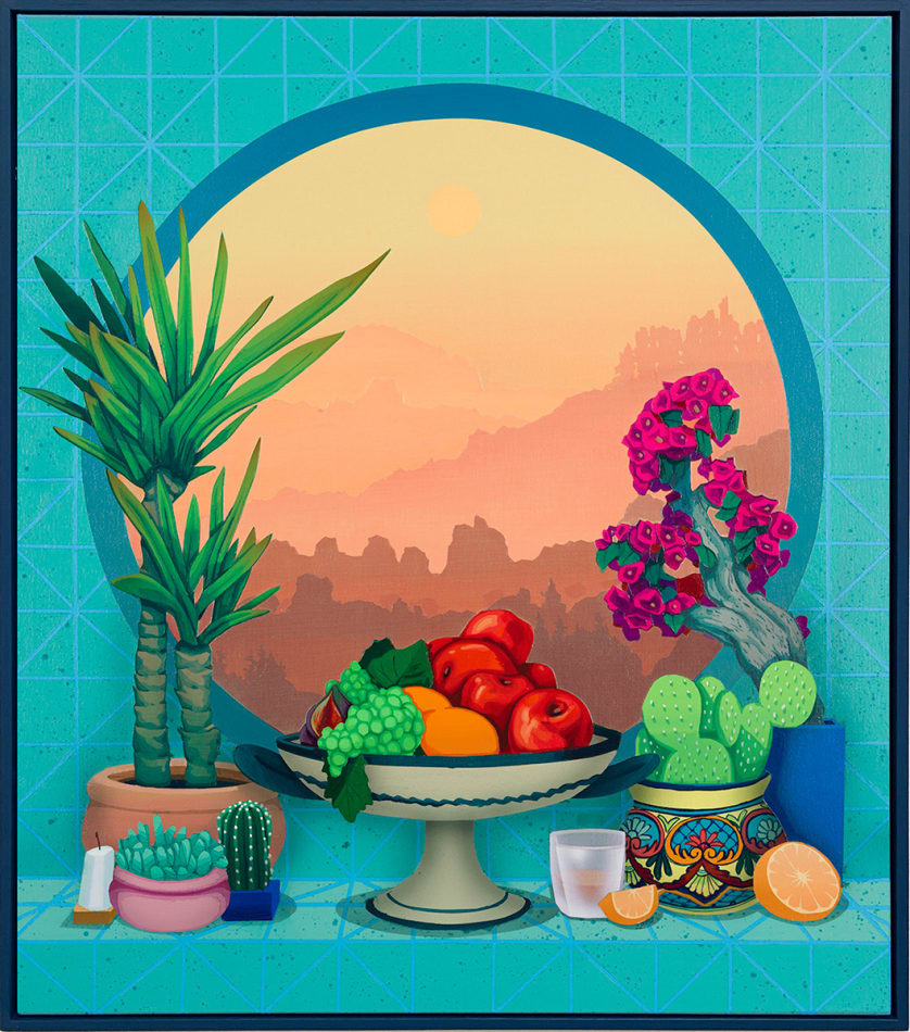 framed painting of brightly colored fruits and plants in front of a window in a turquoise room