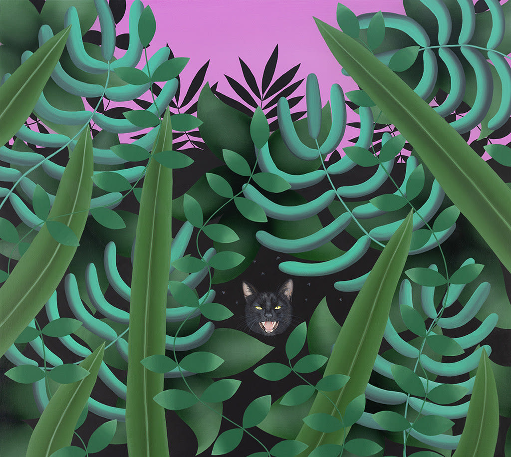 Painting of a black cat hissing through a bunch of plants and leaves with a lavender sky in the background by John Slaby.