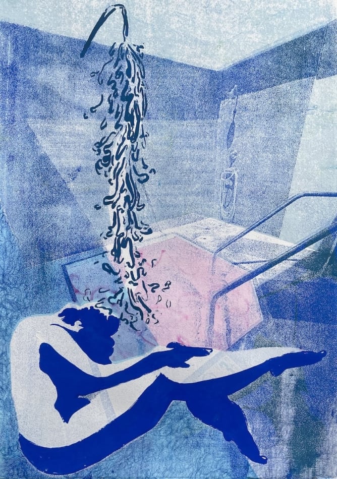 Leonard Reidelbach - monoprint of a figure laying by a spa pool with a shower head pouring water from above.