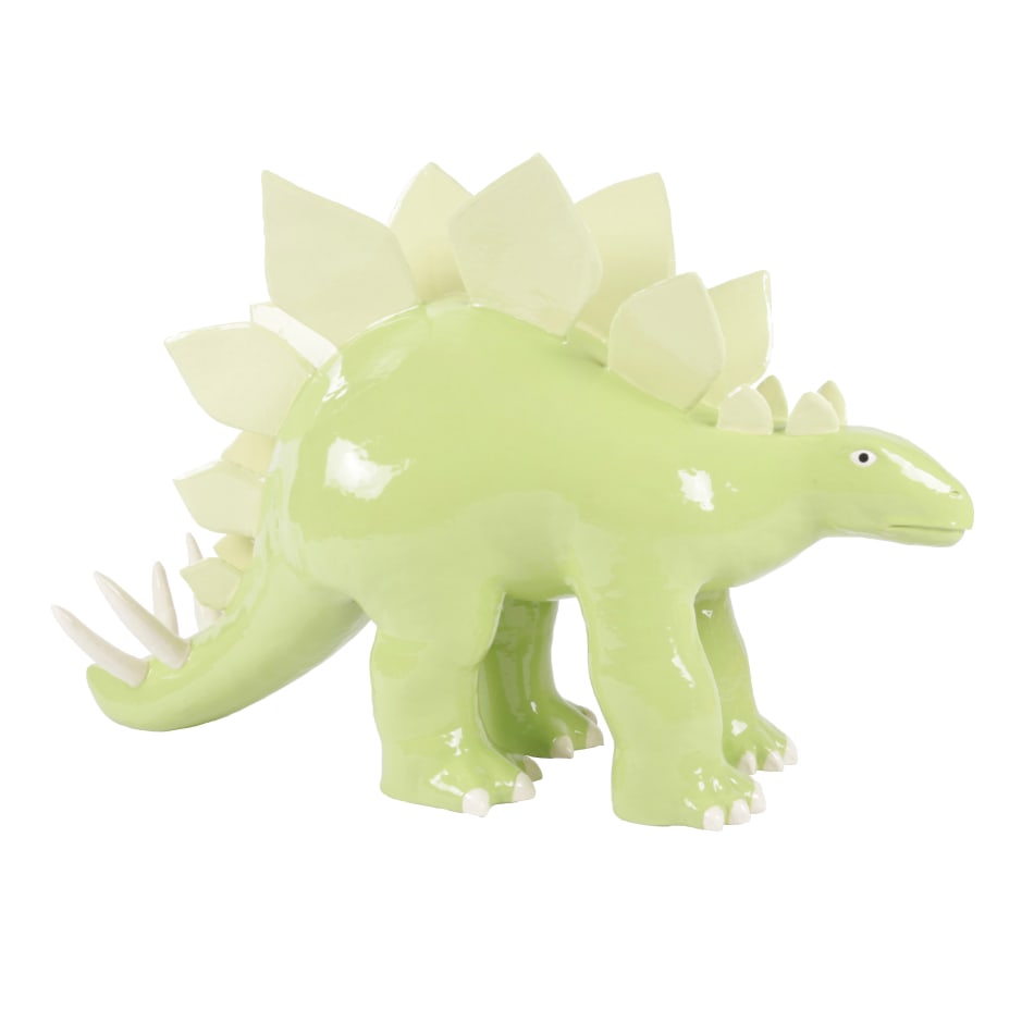 ceramic sculpture of a pale green stegosaurus