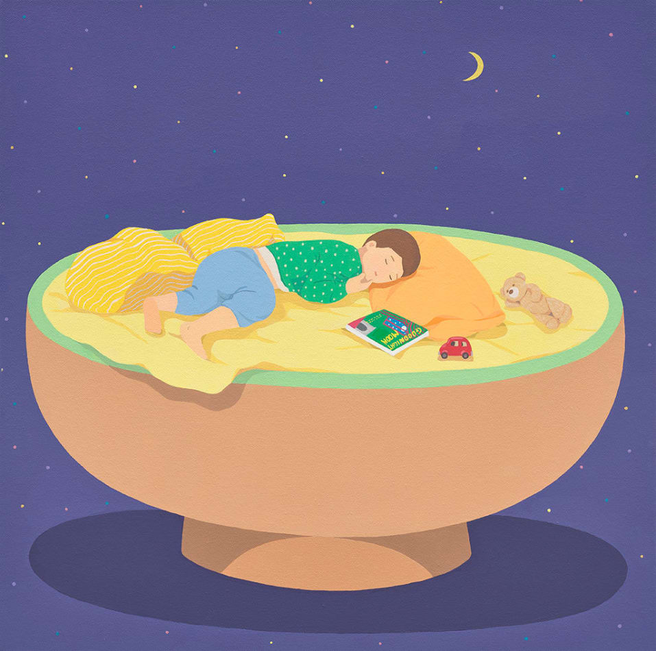 child sleeping on a bowl like shape with a blue sky and moon and the book Goodnight Moon