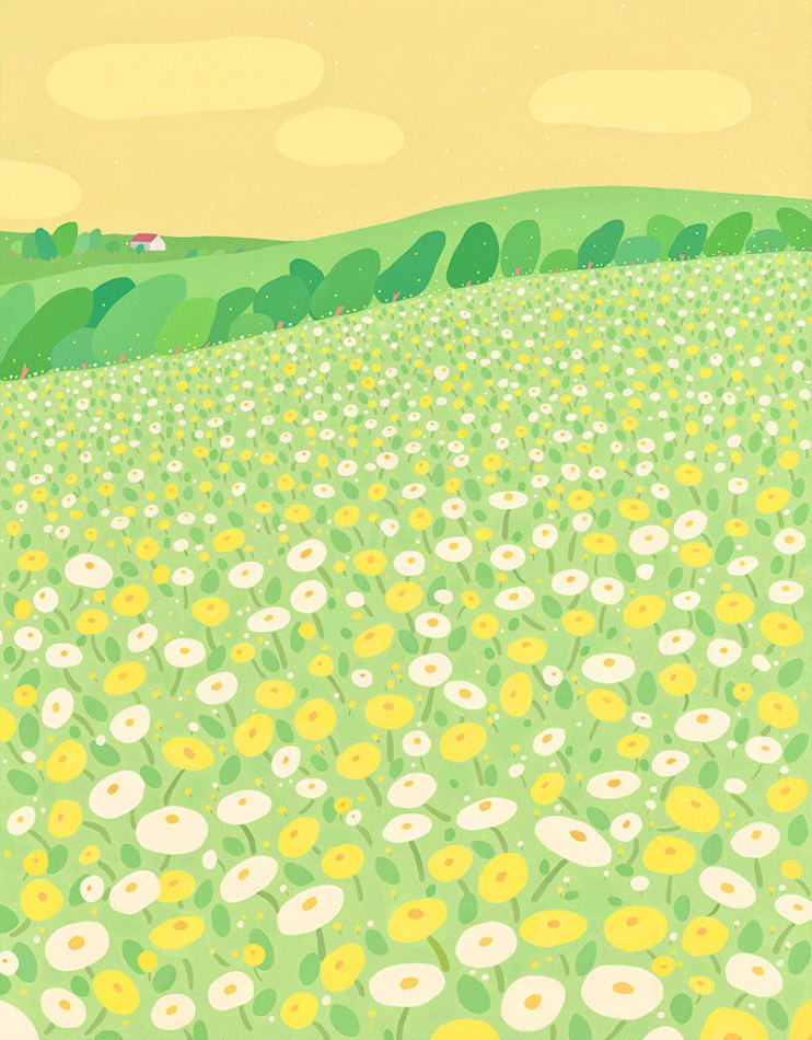 Danym Kwon - Painting of scenery, yellow shade sky and cloud, green shade mountains and trees, a small house with red roof in the mountains, front ground of lawn with white and yellow flowers