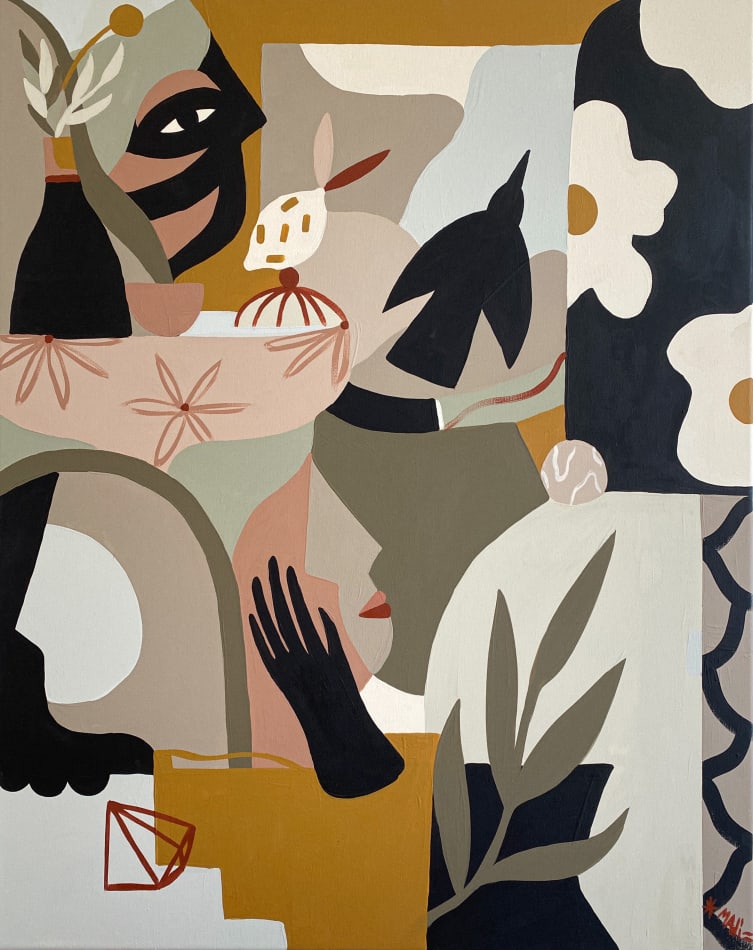 Madi painting of abstracted and cubist figures and vessels in jewel / earth tones