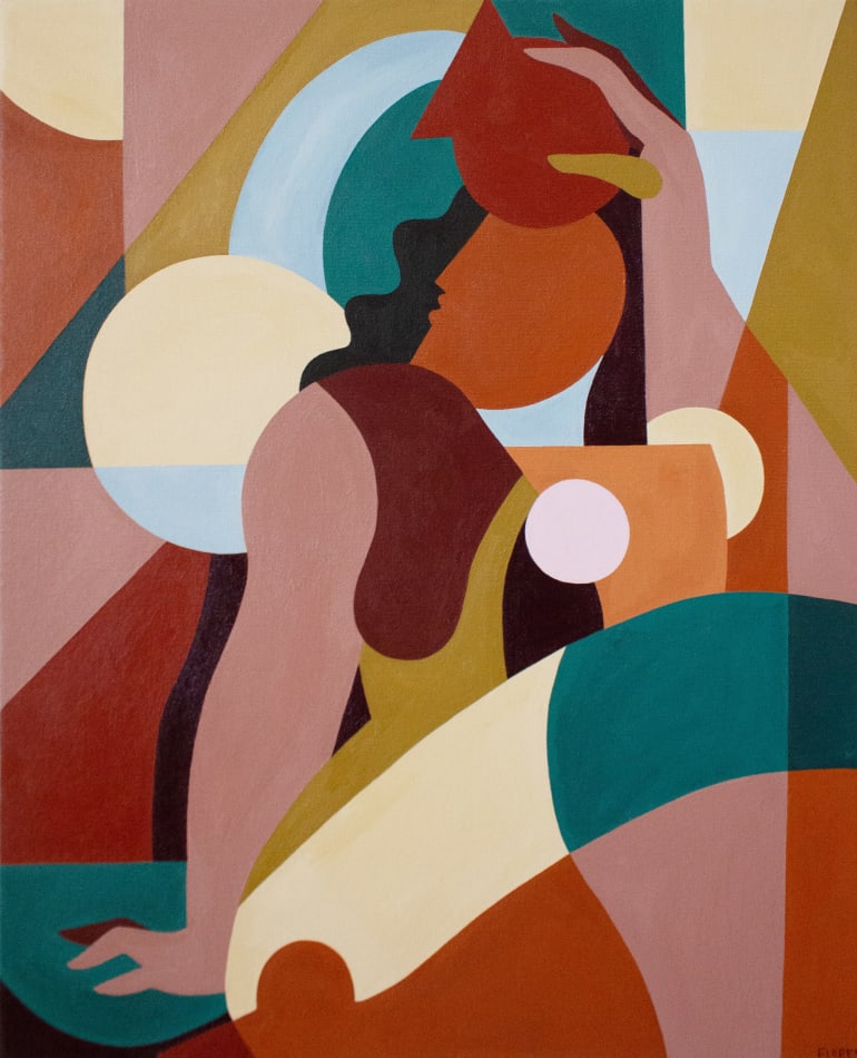 Painting of abstract figure holding a pot pouring out water by Liz Flores.