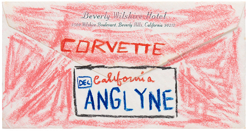Drawing of the back of a red corvette with a California license plate that reads ANGLYNE on a hotel envelope