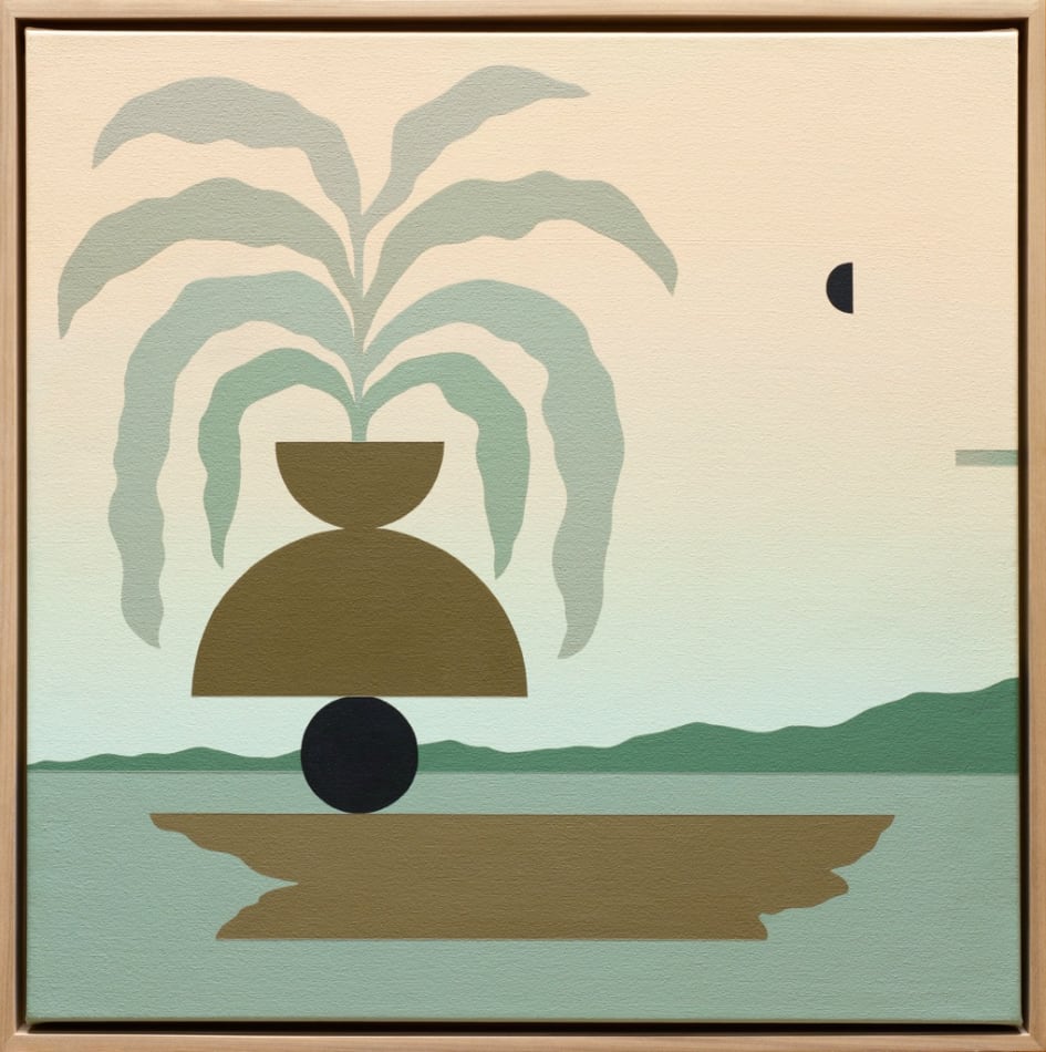 Painting by Madeleine Tonzi with a muted green, blue, and orange palette and a tree like figure on the left