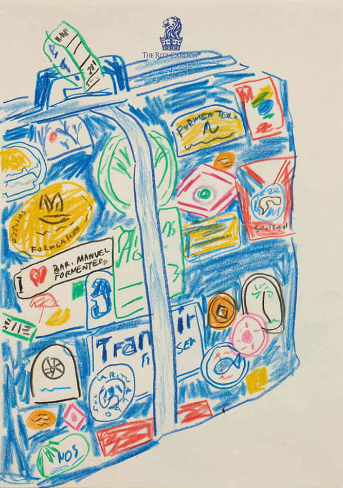 Drawing of a blue suitcase with a bunch of different stickers covering the outside on hotel stationery