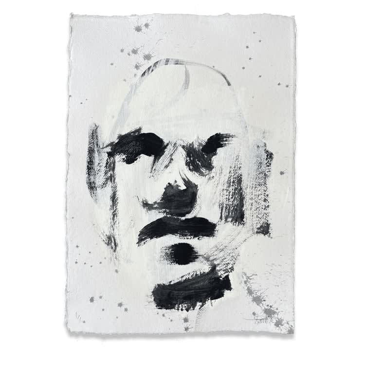 Abstract painting of a masculine face in black and white on blank white paper with gray paint splatters in the back