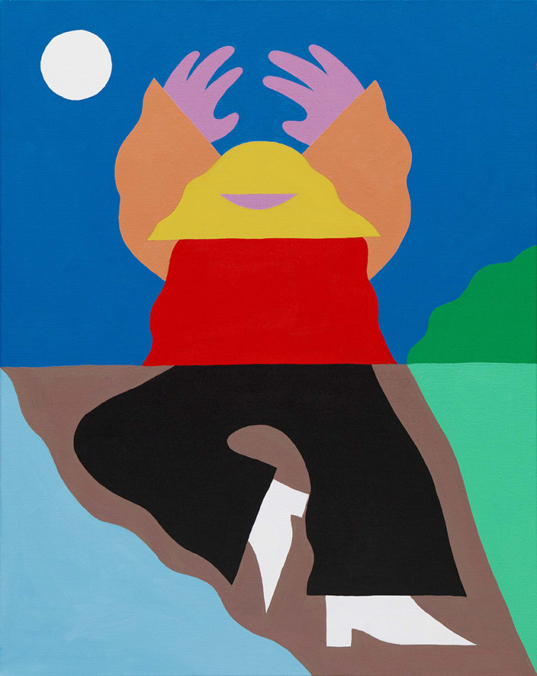 a painting of a figure on a dirt trail next to a river. The figure faces us, stands on one leg, her arms stretched over her head. A blue sky background behind her, the white moon is in the upper left corner.