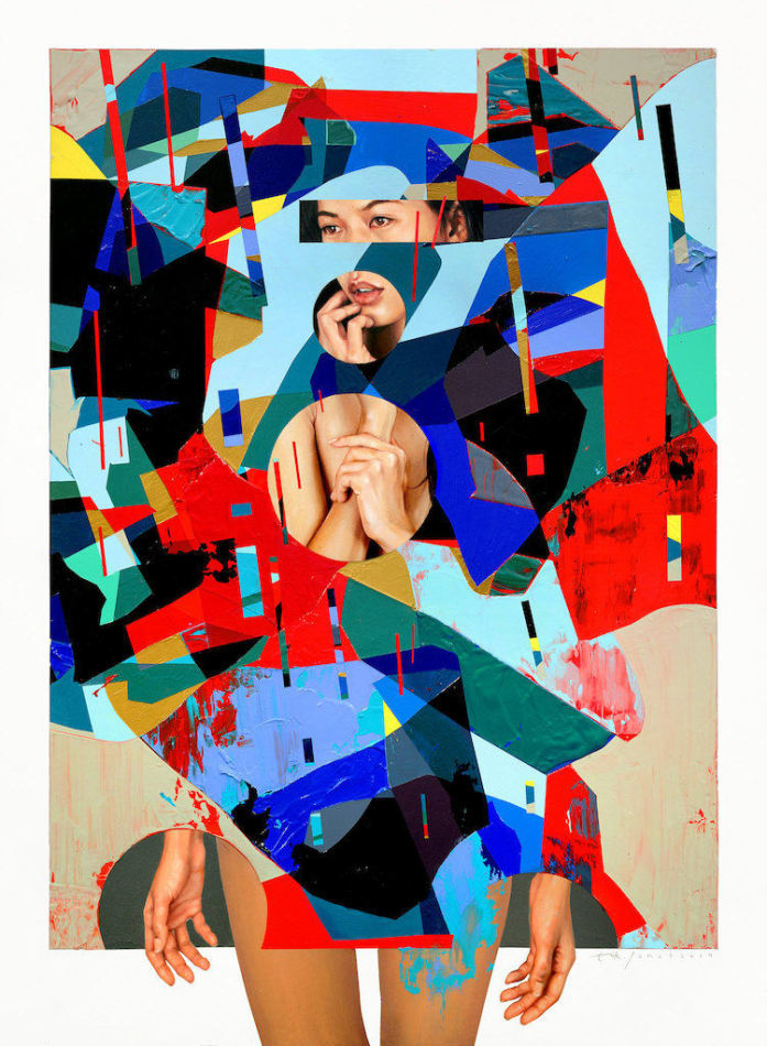 Erik Jones painting of female figure with abstract shapes overlaid