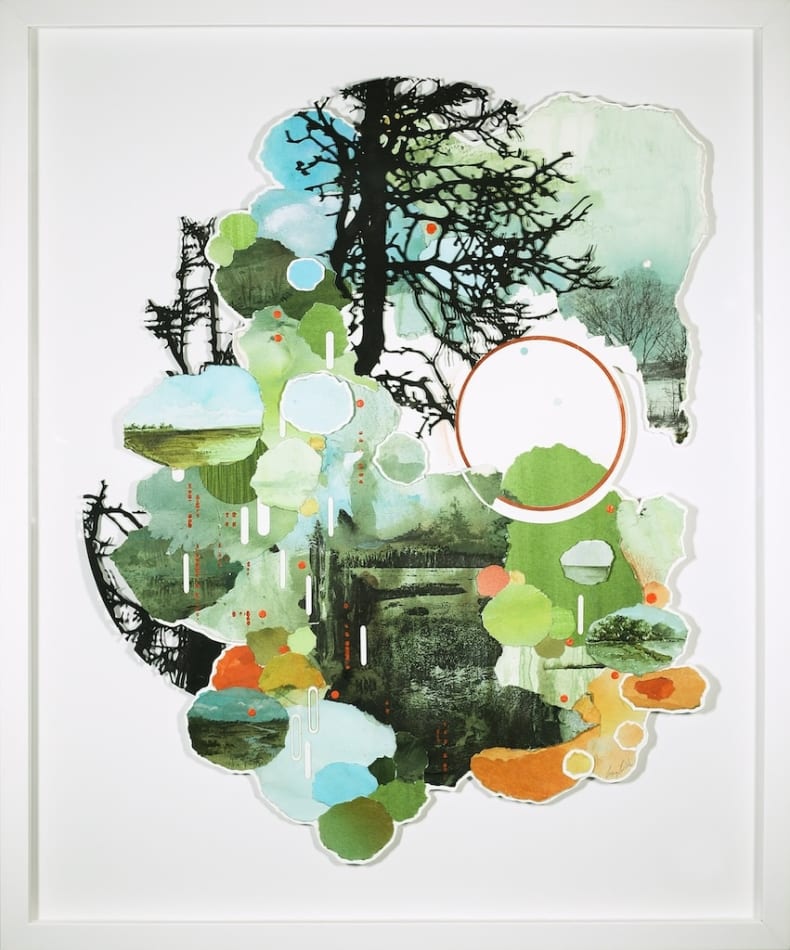 Multimedia collage of earthy elements, drawings, and paintings, in blue, green, and orange with a white frame