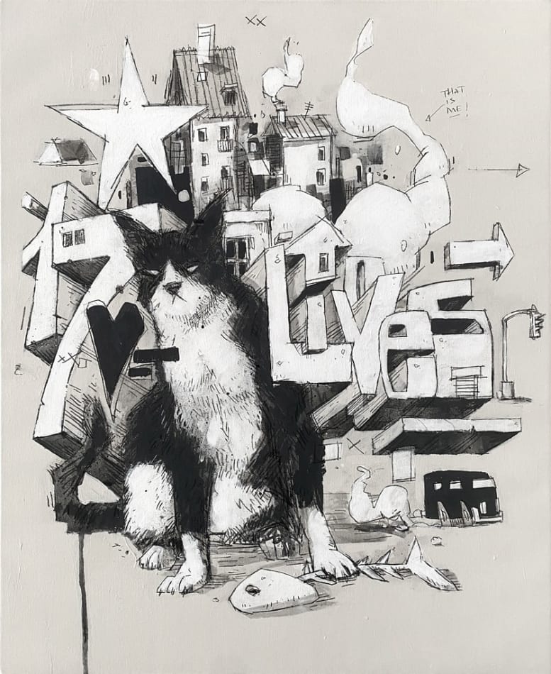 Black and white painting of a cat sitting with its paw on a fish bone in from a floating city landscape with the words 