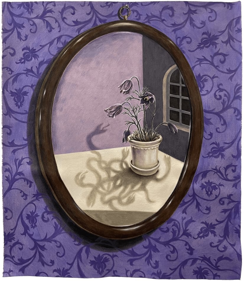 Minyoung Kim painting of oval mirror on purple floral wallpaper. Mirror is showing image of potted flowers, whose shadows are menacing and snake-like