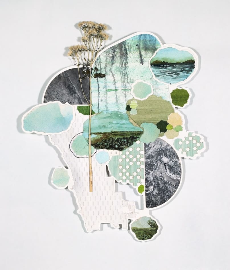 Multimedia collage of earthy elements, drawings, and paintings, in blue and green with a white frame