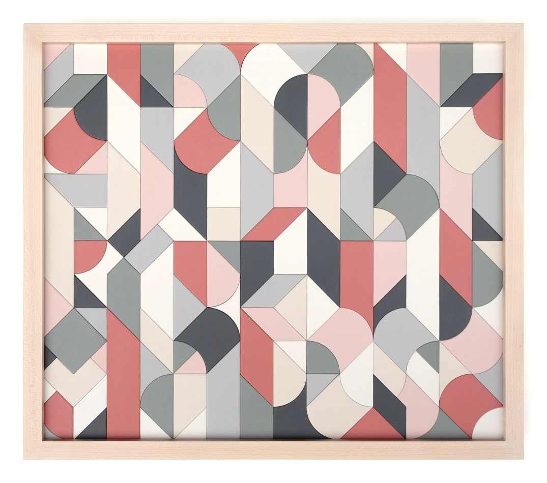 Scott Albrecht wood relief painting in pink and gray tones