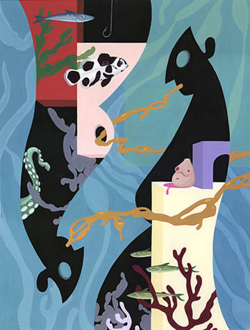 Painting of abstract geometric shapes with fish and coral