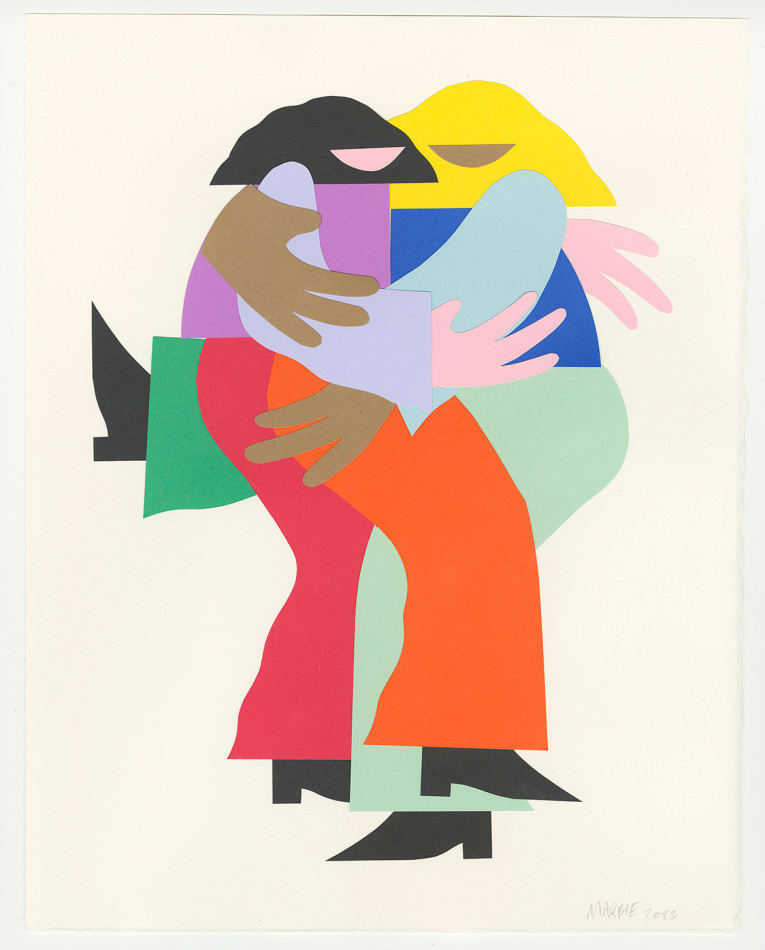 A paper collage of two figures standing, holding each other--one embraces the other with her left arm holding one side and right leg holding the other, her brown hands touching each other on the other figure's back. Both figures are dressed colofully, one wearing oragne and red pants, the other wearing forest and mint green pants.