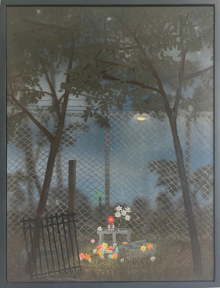 Max Seckel painting of evening scene - cinder blocks with flowers on top visible through chain link fence. Trees in fore and background
